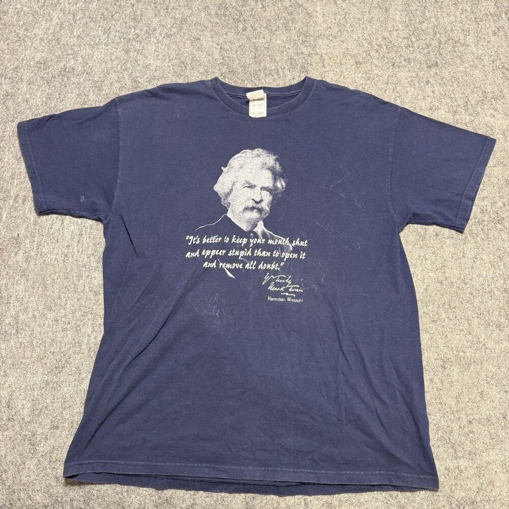Vintage Y2K Mark Twain Quote T Shirt XL Hannibal Missouri Fruit Of The Loom Blue